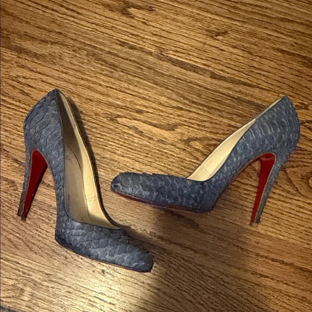 Christian Louboutin Blue Snakeskin-Texture Pointed-Toe Pumps